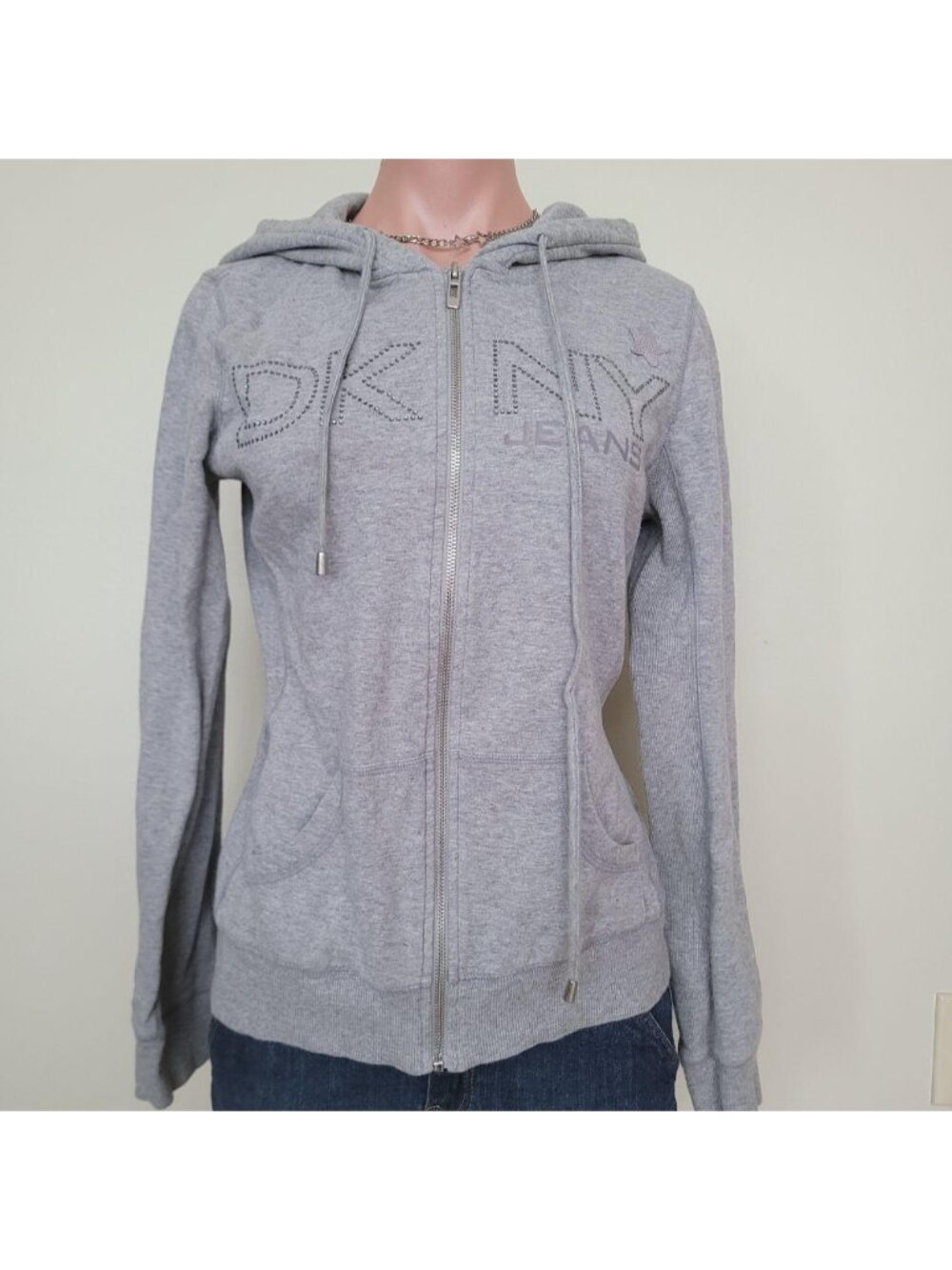 DKNY Jeans Grey Star Rhinestone Logo Slim Fit Zip Up Hoodie (M)